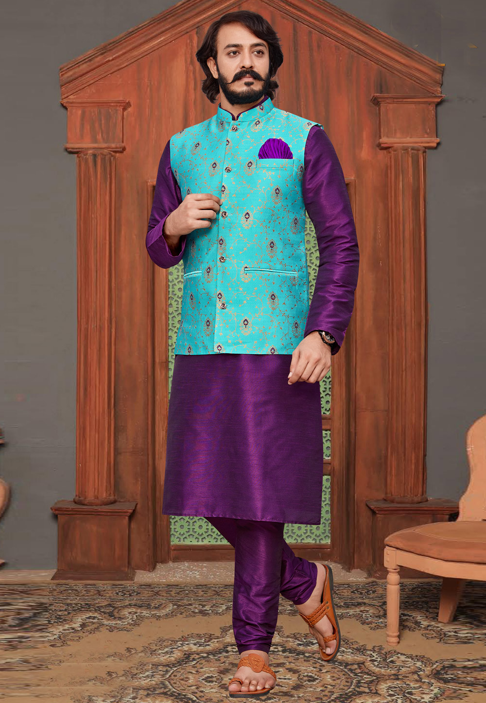 Purple Art Silk Kurta Pajama With Jacket 237125