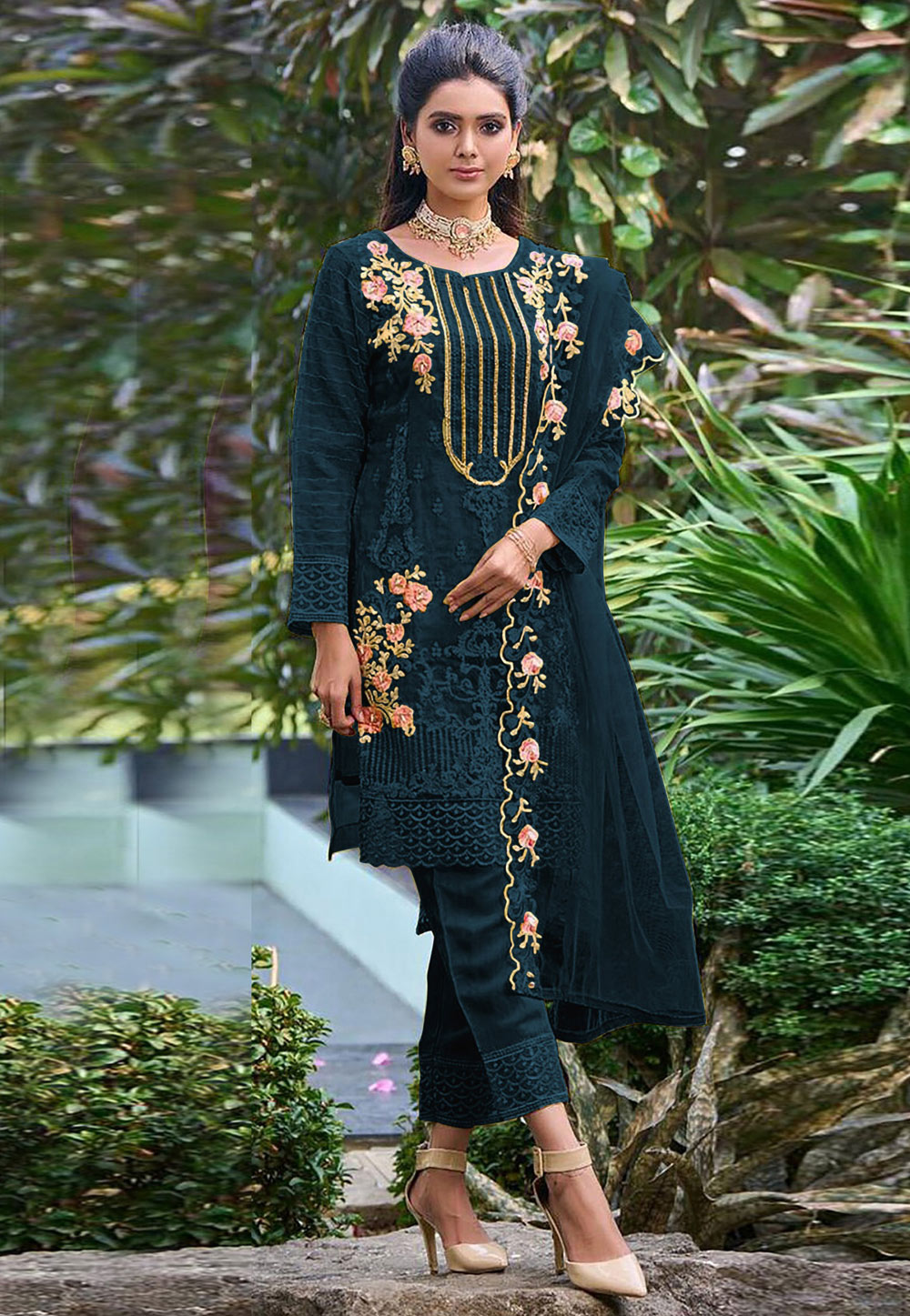 Teal Faux Georgette Straight Suit 270858