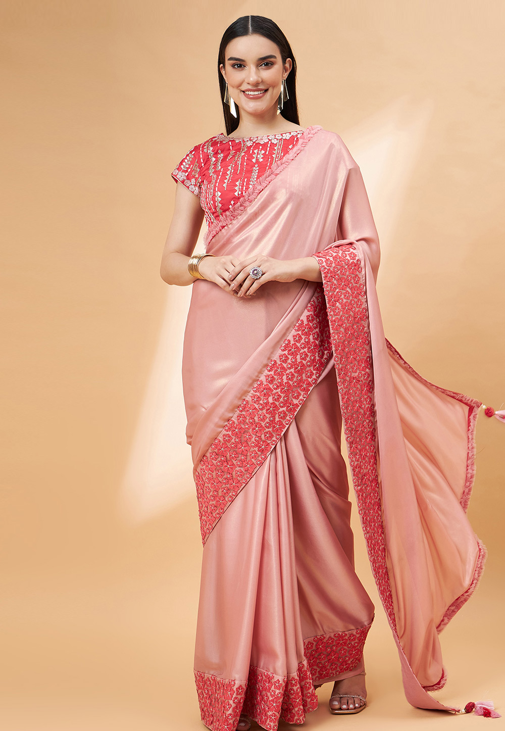 Light Pink Satin Georgette Saree With Blouse 276429