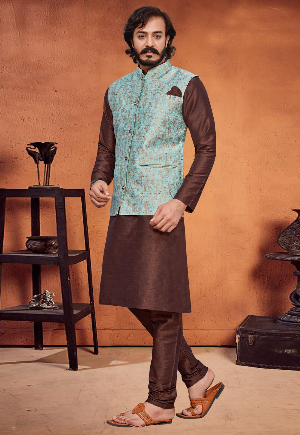 Art Silk Kurta Pajama With Jacket In Brown Colour - KP1047528