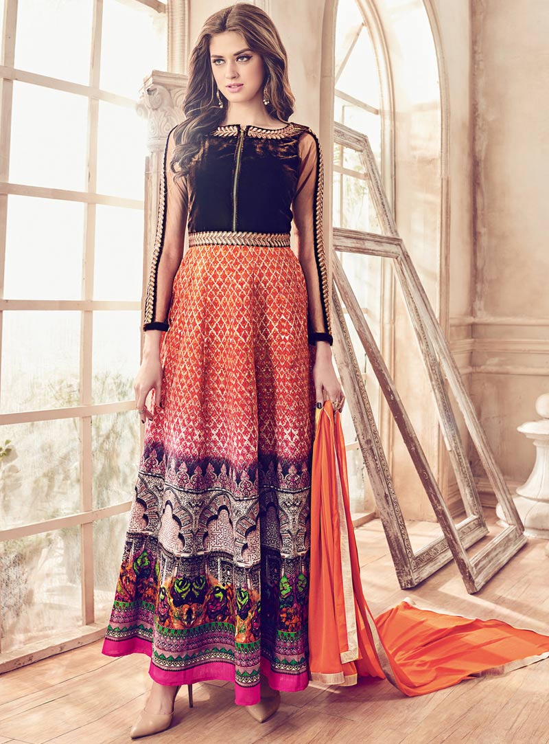Orange Bhagalpuri Silk Ankle Length Anarkali Suit 84790