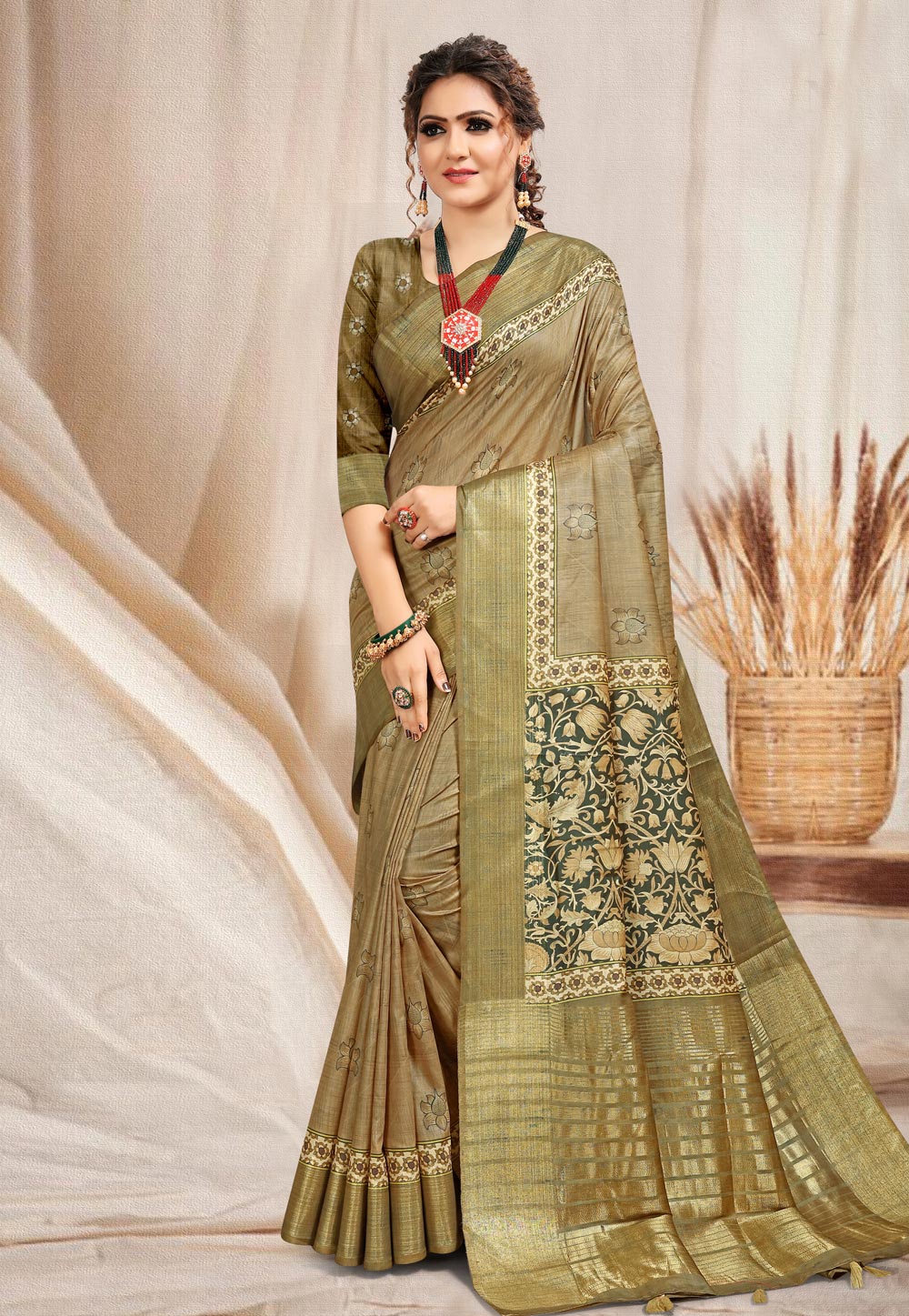 Olive Green Cotton Printed Saree With Blouse 228380