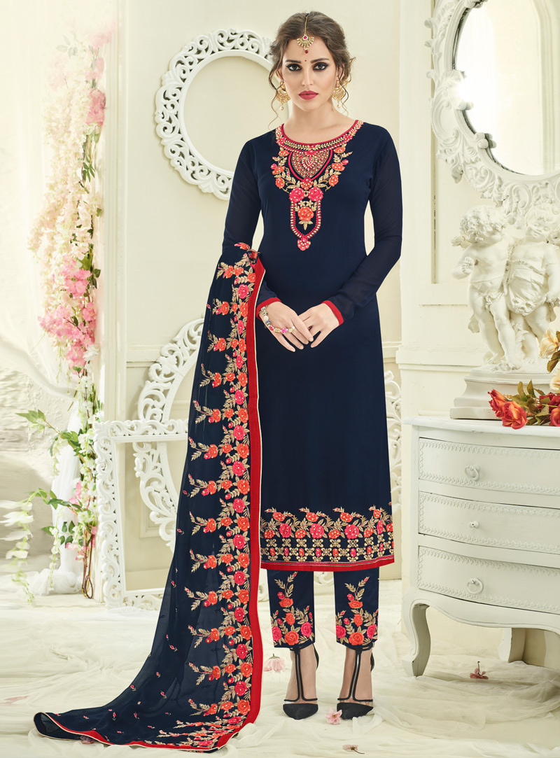 Navy Blue Georgette Pakistani Style Suit 106311