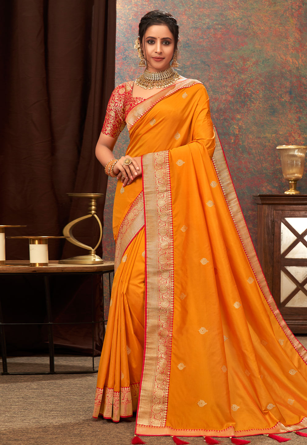 Orange Banarasi Silk Saree With Blouse 243436