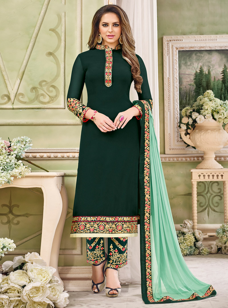 Dark Green Faux Georgette Pant Style Suit 117675