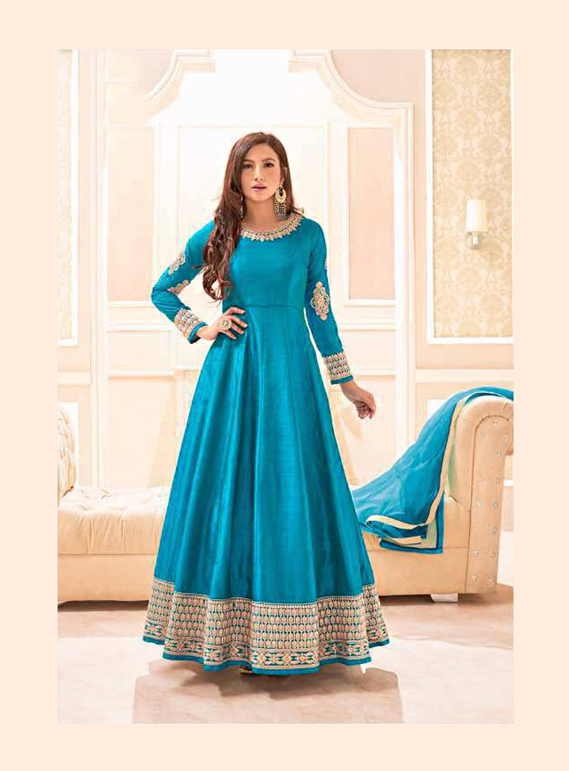 Gauhar Khan Blue Banarasi Silk Ankle Length Anarkali Suit 90007