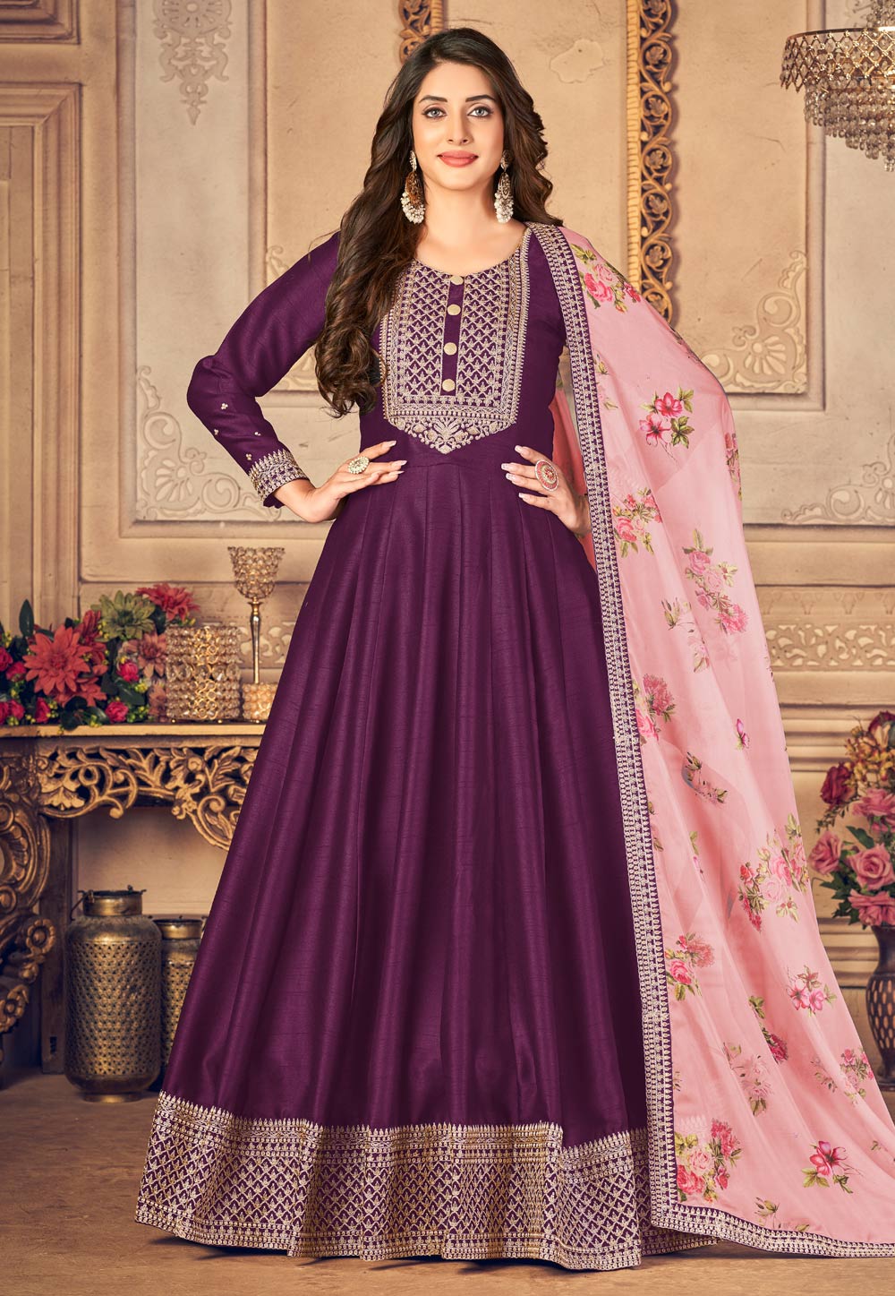 Purple Silk Abaya Style Anarkali Suit 248224