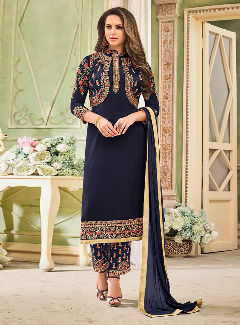 Navy Blue Faux Georgette Pant Style Suit With Jacket 119222