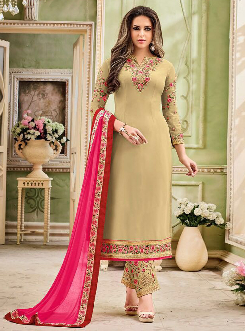 Beige Faux Georgette Pakistani Style Suit 119225