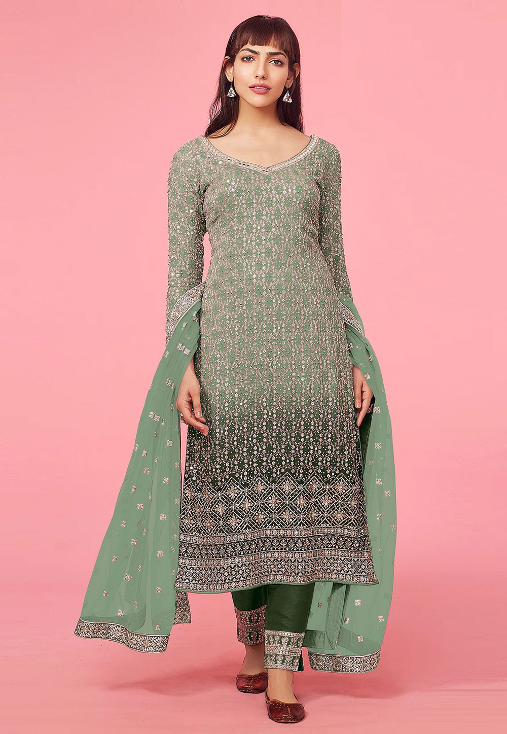 Sea Green Faux Georgette Embroidered Pakistani Suit 269284