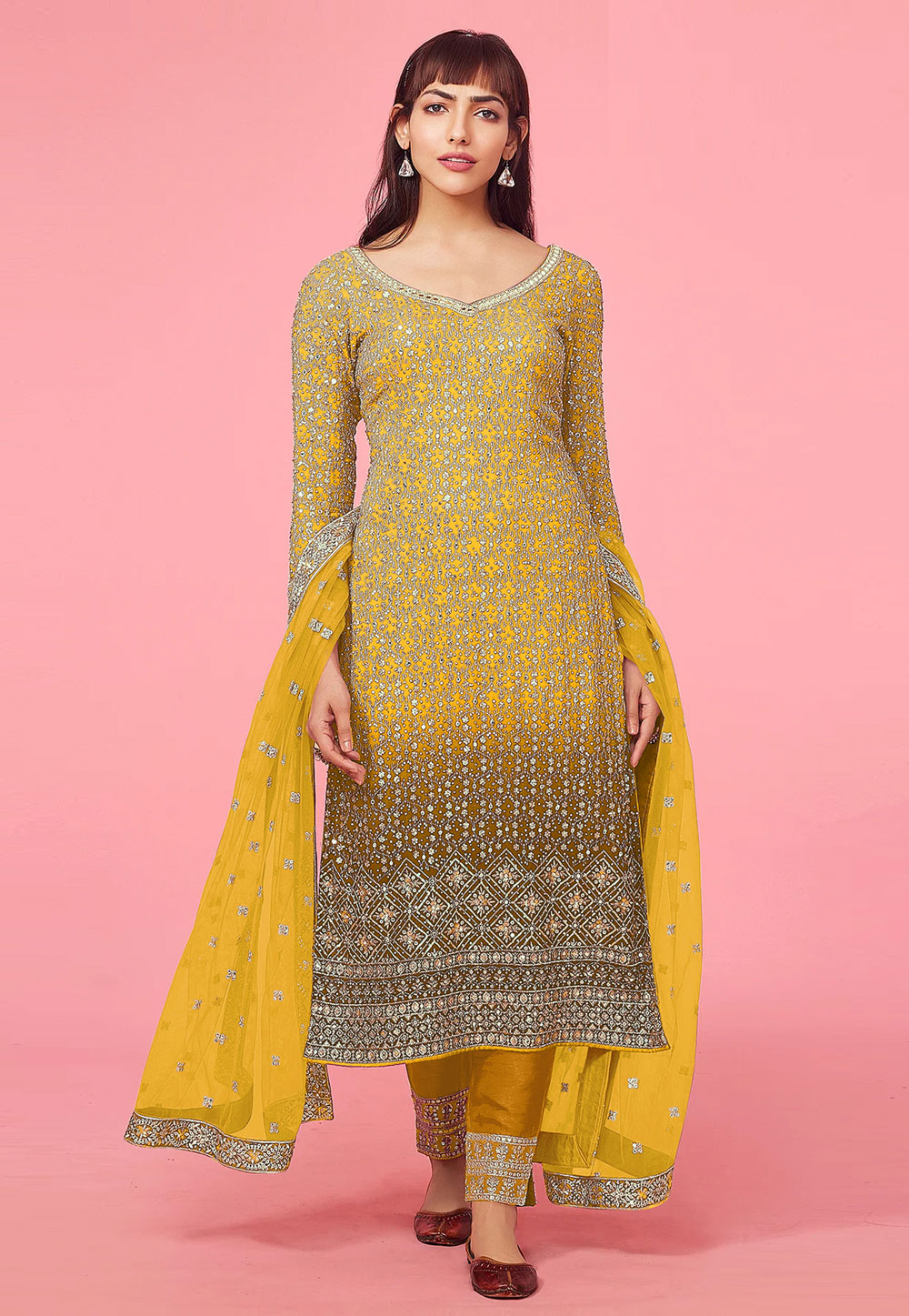 Yellow Faux Georgette Embroidered Pakistani Suit 269286