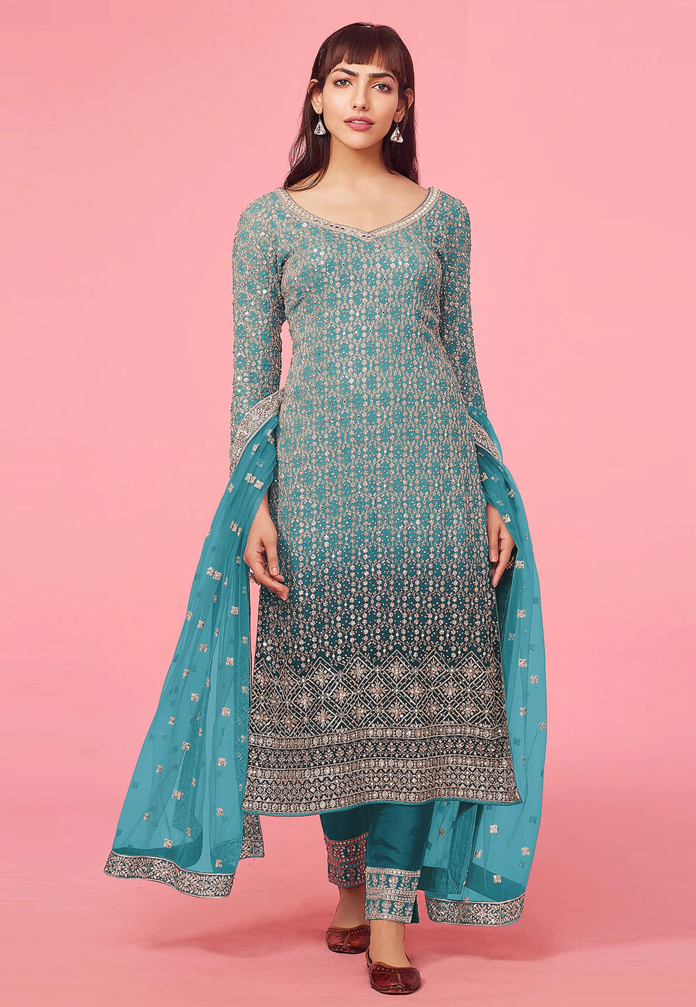 Sky Blue Faux Georgette Embroidered Pant Style Suit 269287