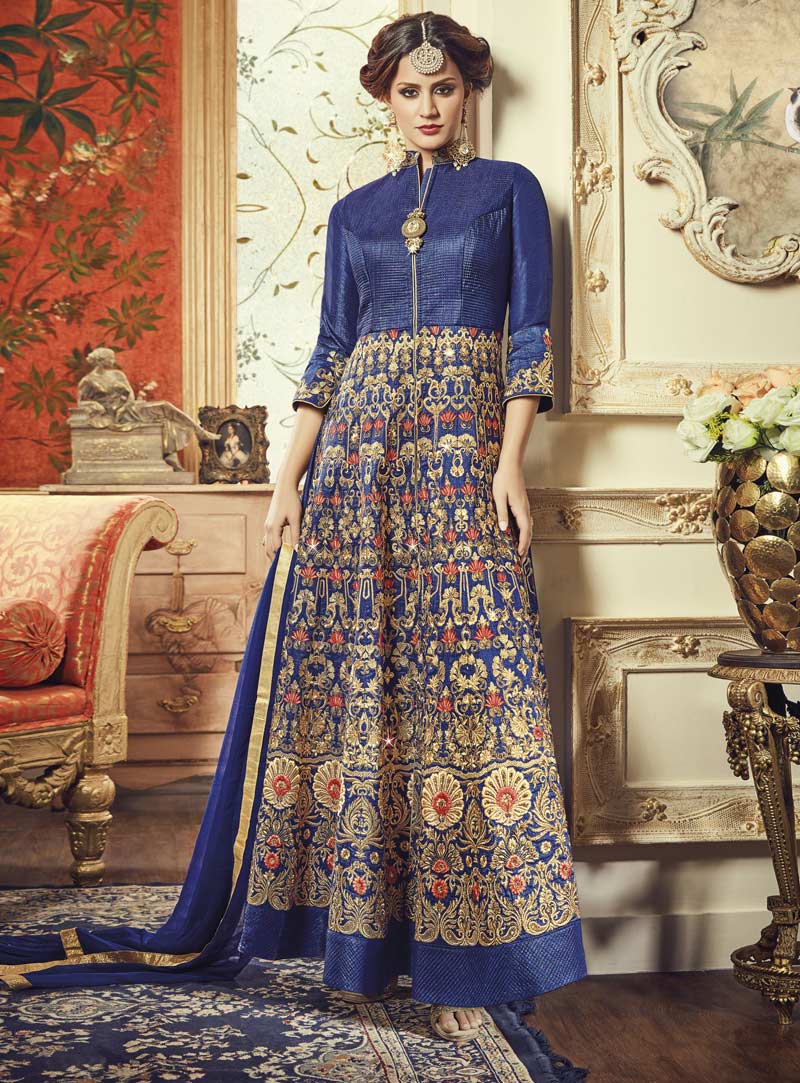 Navy Blue Banarasi Silk Center Slit Designer Anarkali Suit 85469