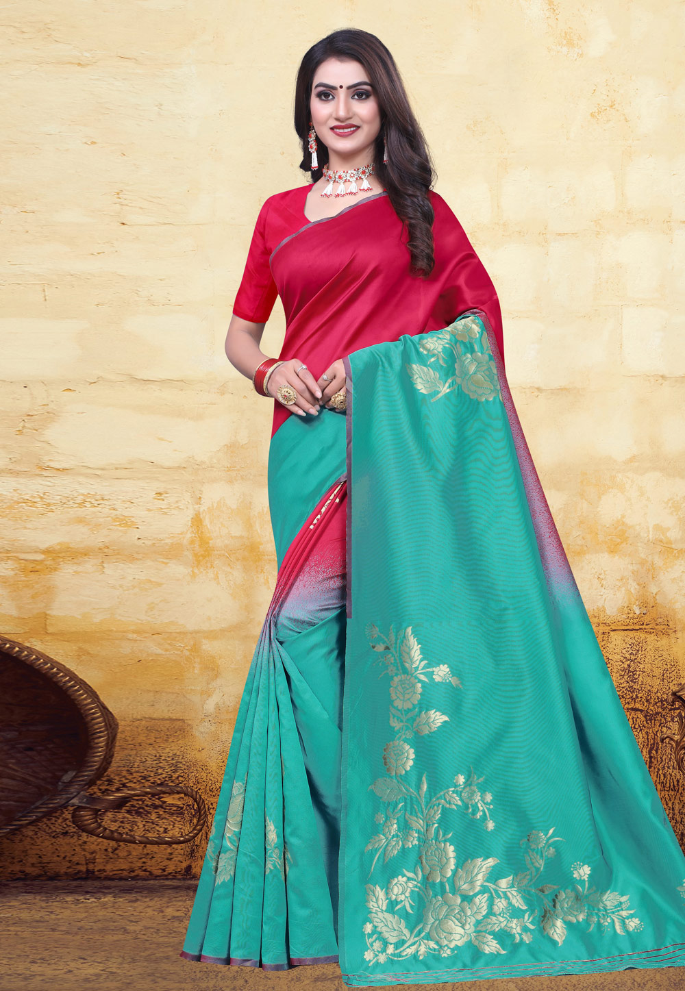 Turquoise Banarasi Saree With Blouse 223155