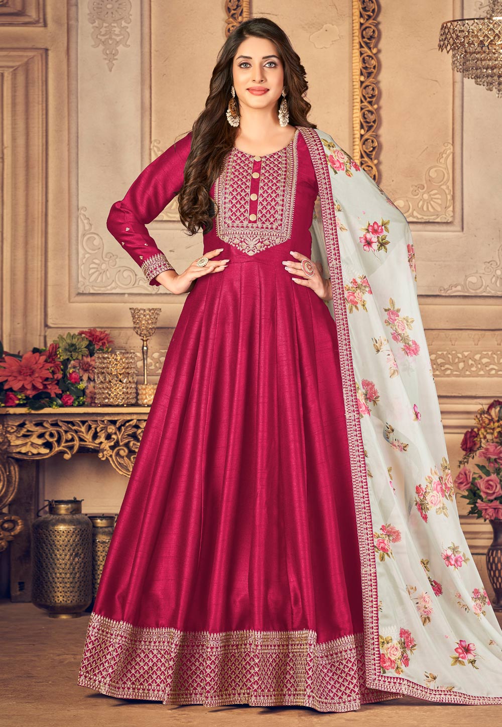 Magenta Silk Abaya Style Anarkali Suit 248226