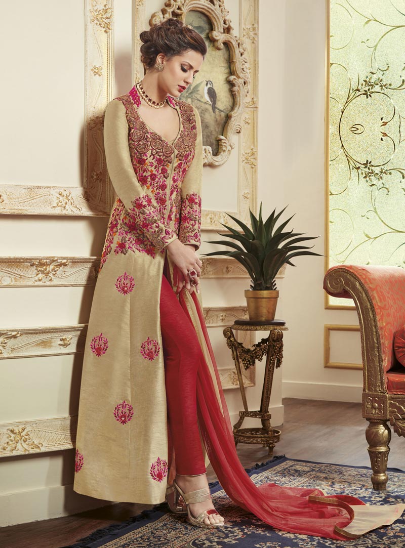 Beige Tussar Silk Designer Anarkali Pant Style Suit 85470