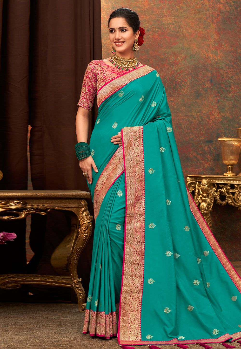 Aqua Banarasi Silk Festival Wear Saree 243439