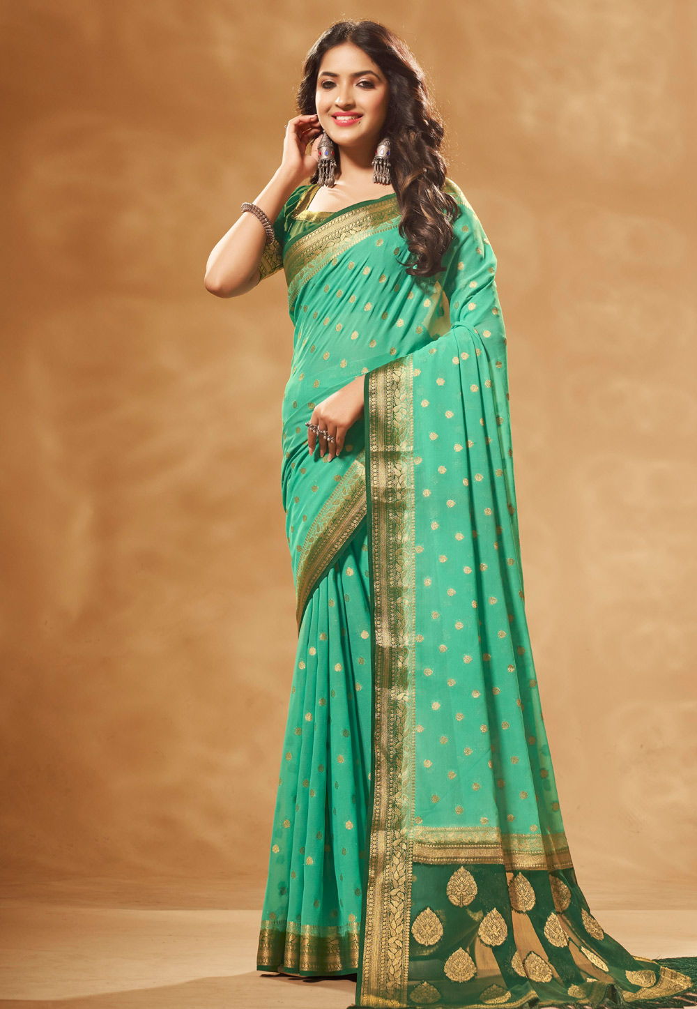 Sea Green Georgette Saree With Blouse 274559