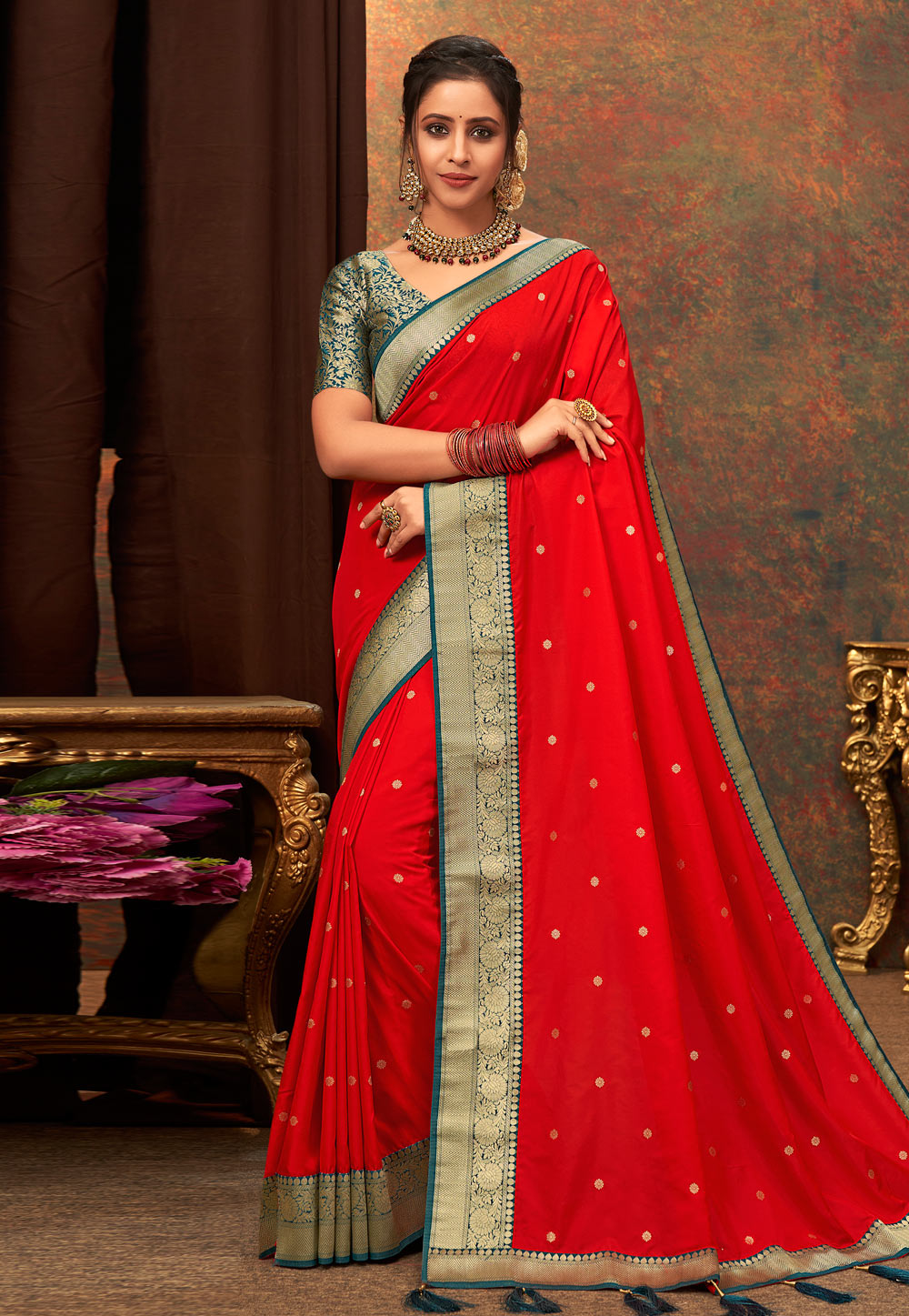 Red Banarasi Silk Saree With Blouse 243440