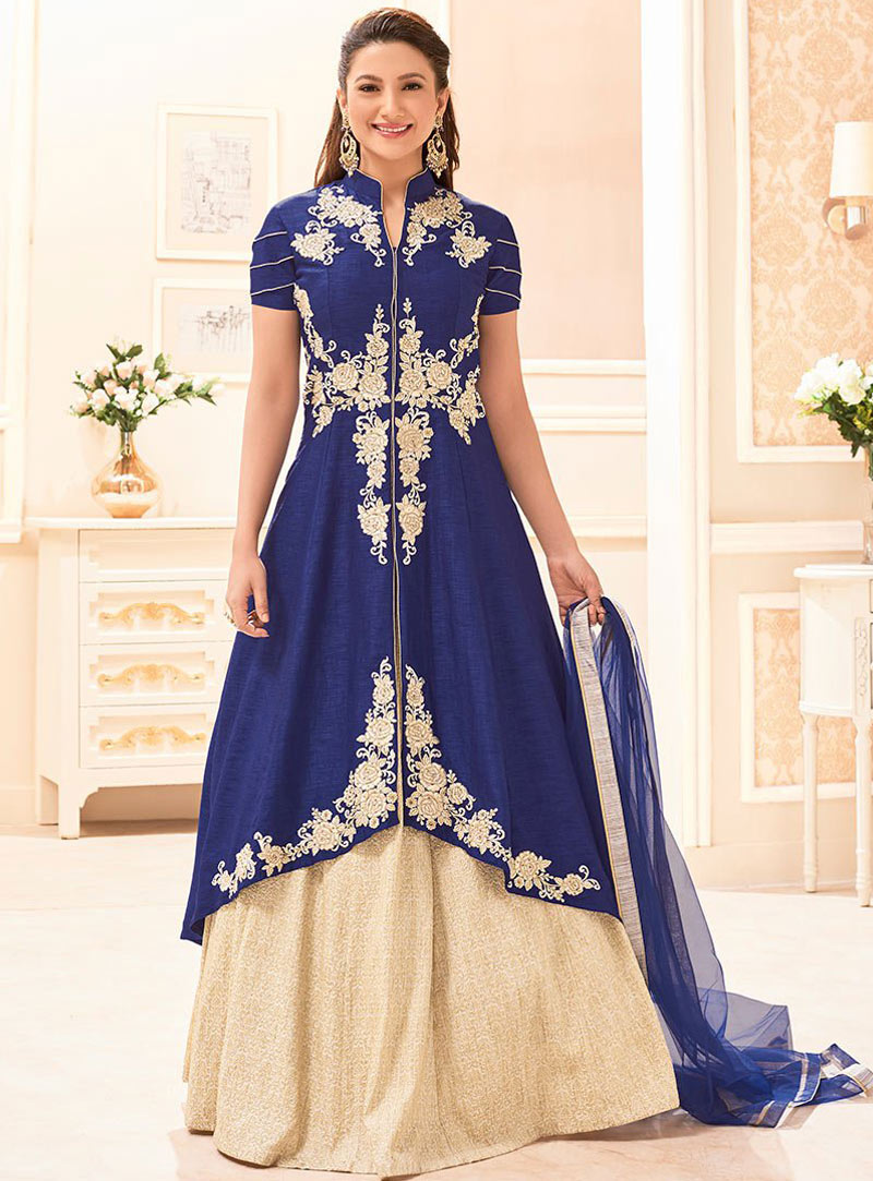 Gauhar Khan Blue Banglori Silk Lehenga With Long Choli 90012