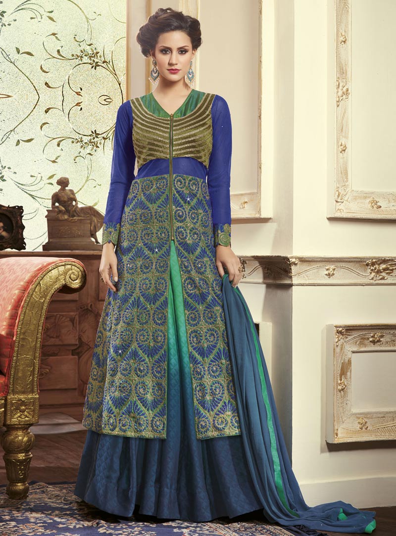 Blue Banarasi Silk Lehenga With Long Choli 85475