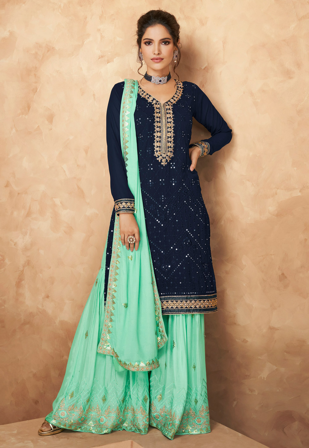 Navy Blue Faux Georgette Embroidered Sharara Suit 236289