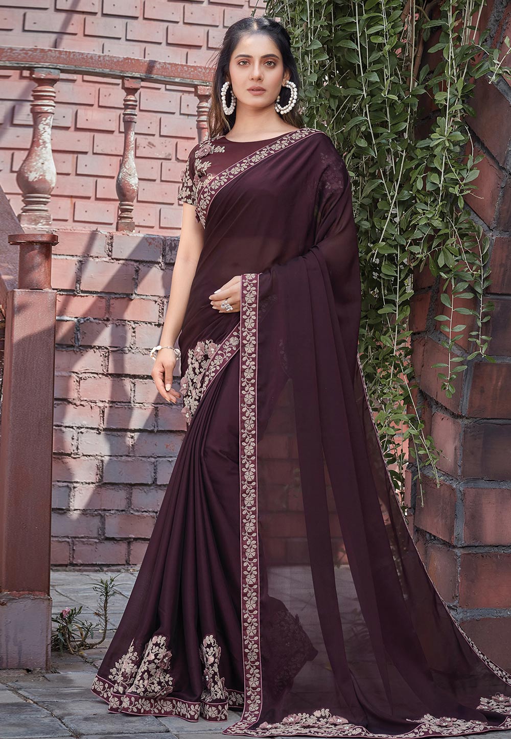 Wine Silk Georgette Embroidered Saree With Blouse 244974