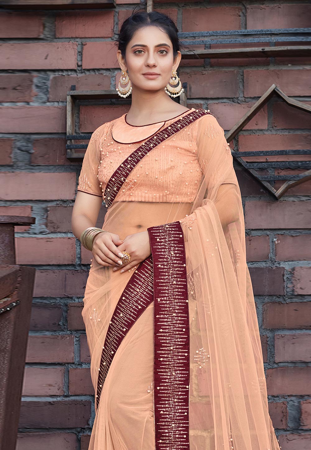 Embroidered Peach Saree With Blouse 2497SR06
