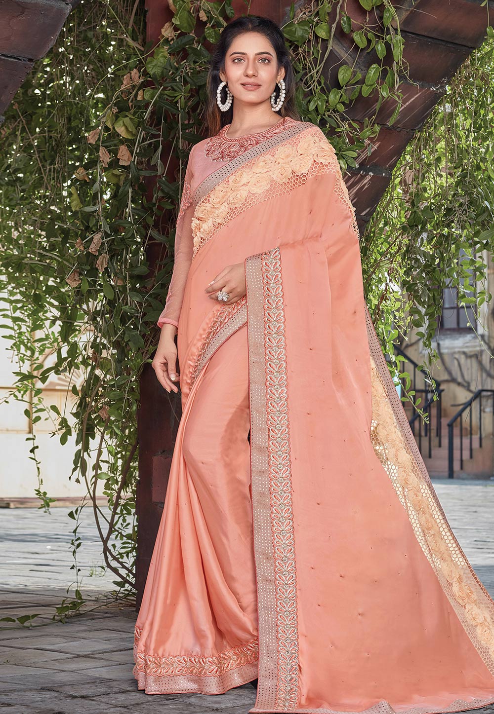 Peach Satin Silk Embroidered Saree With Blouse 244982