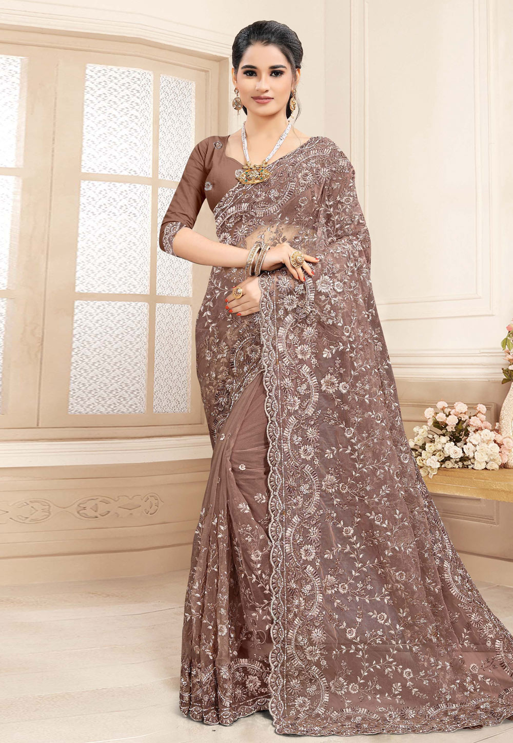 Brown Net Saree With Blouse 223232