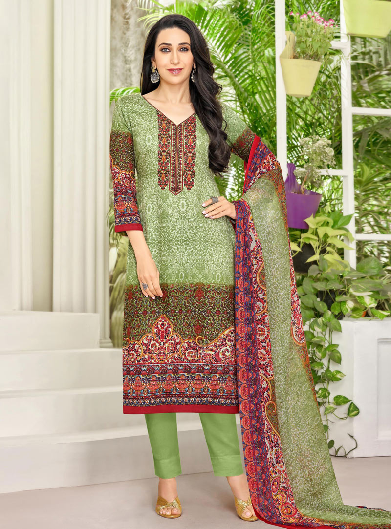 Karisma Kapoor Green Satin Pant Style Suit 142378