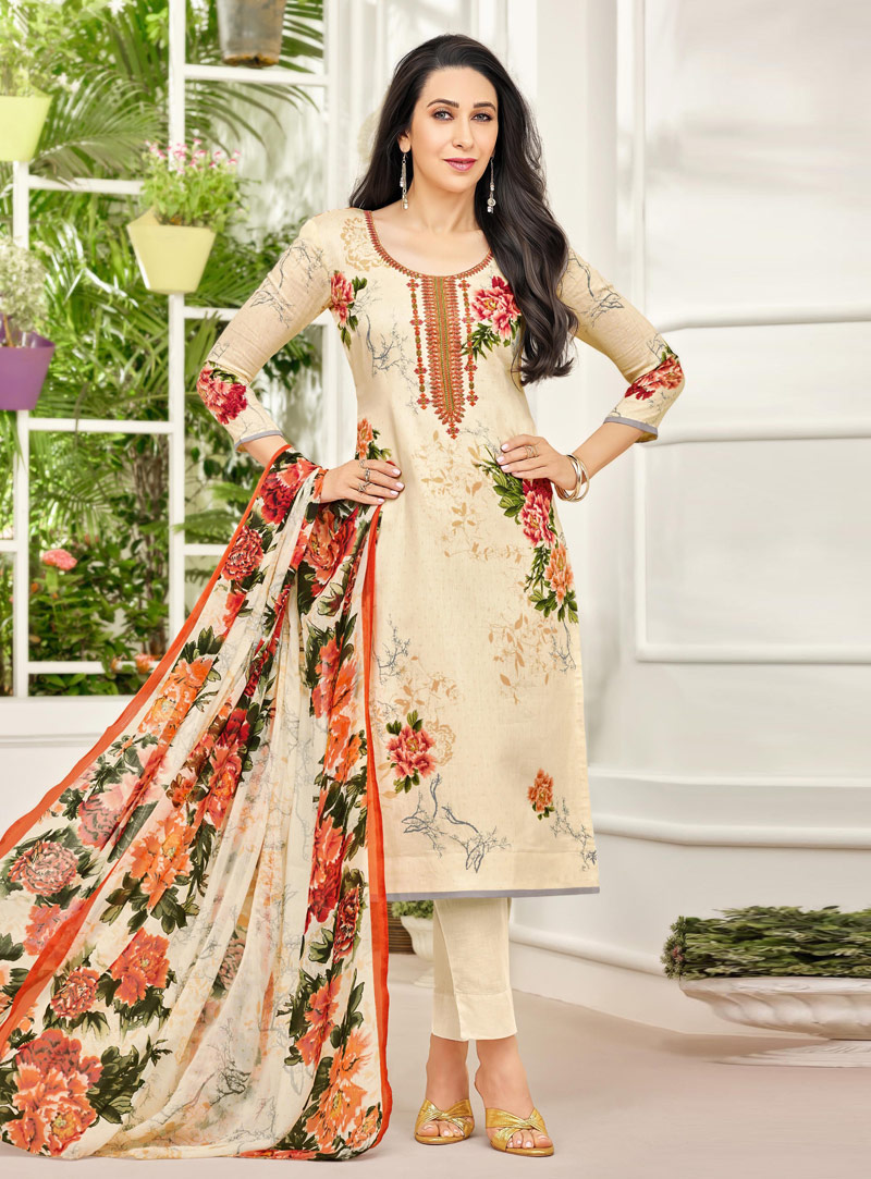 Karisma Kapoor Cream Satin Pakistani Style Suit 142379