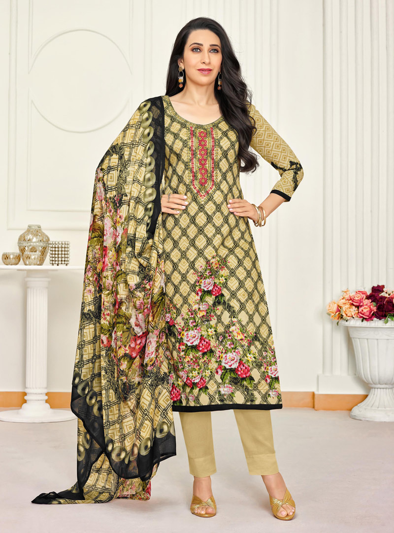 Karisma Kapoor Beige Satin Pakistani Style Suit 142385