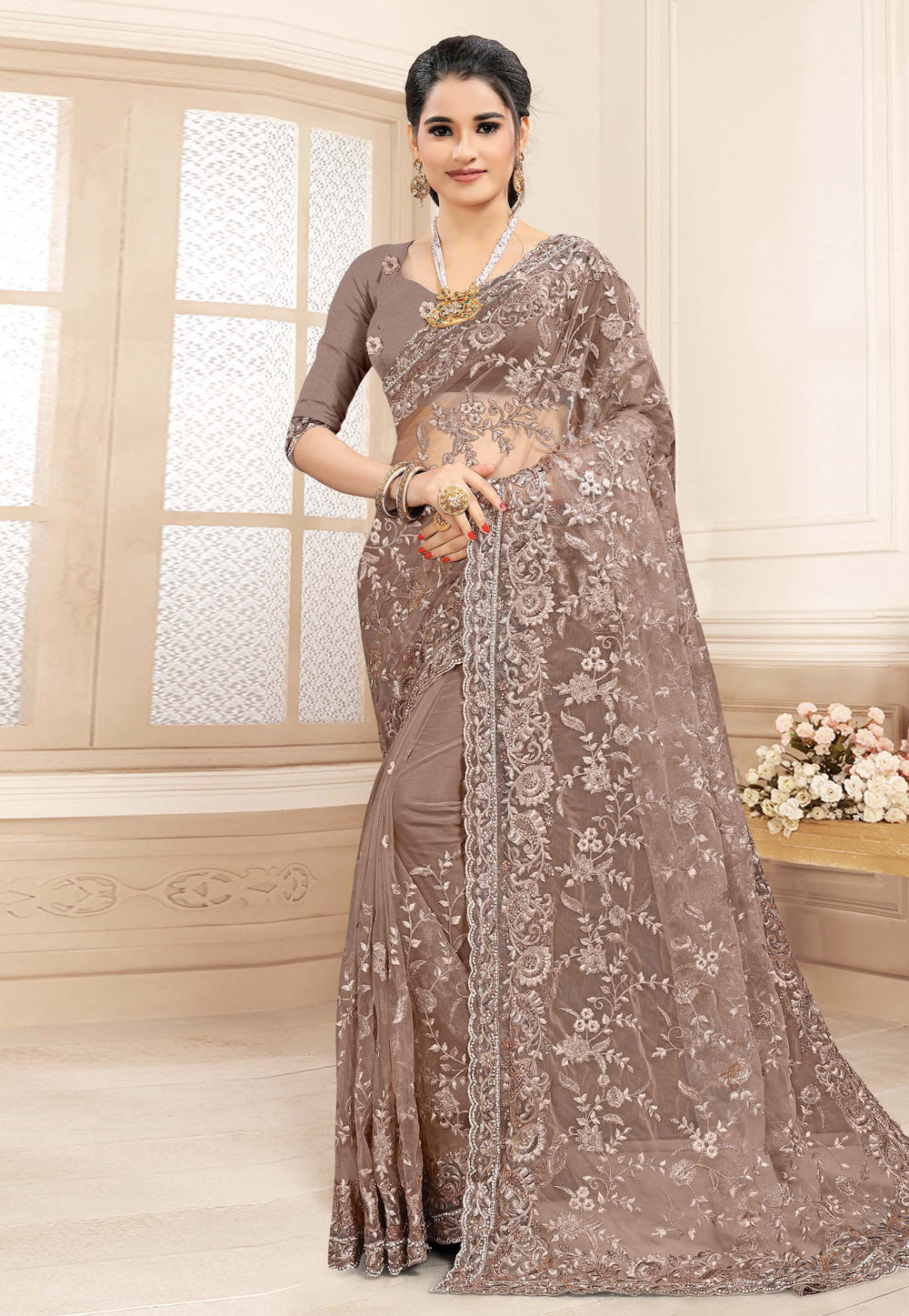Brown Net Saree With Blouse 223236