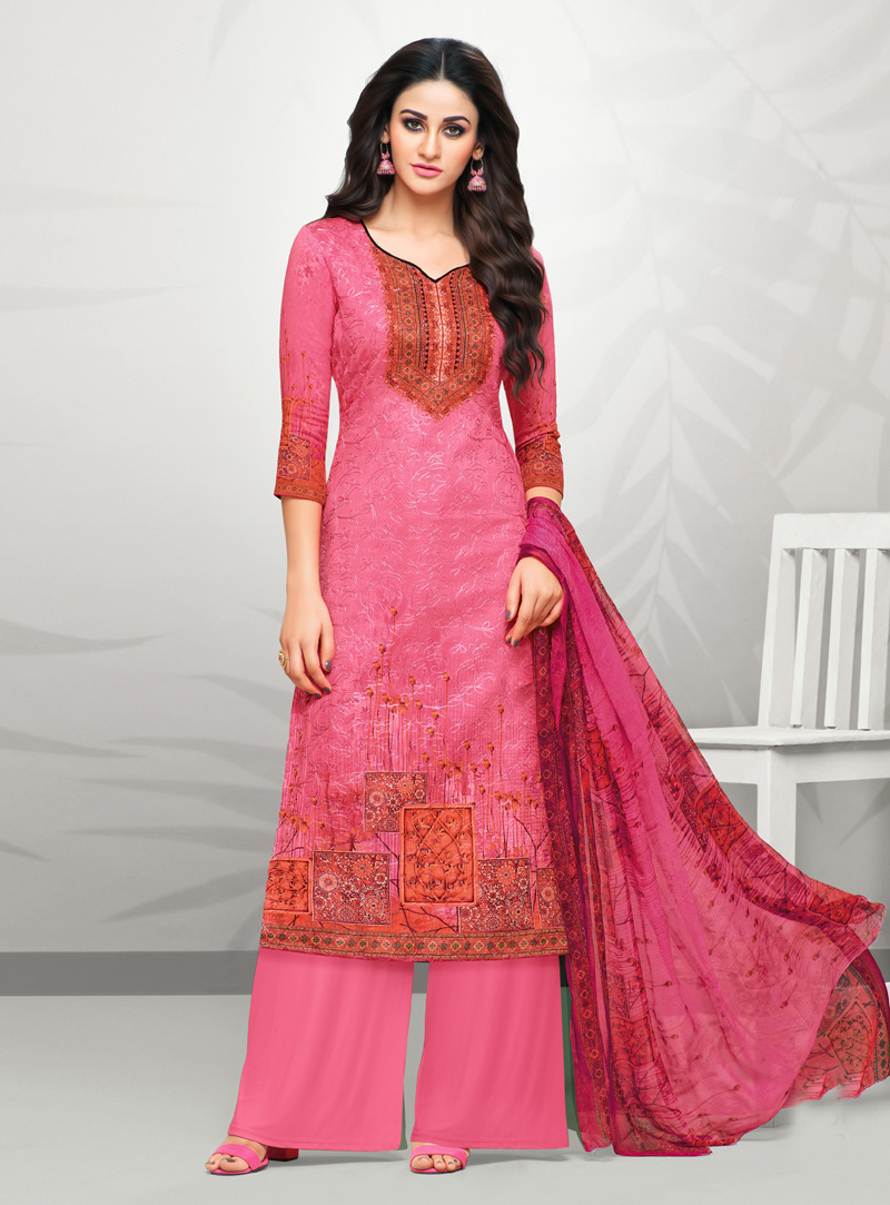 Pink Cotton Palazzo Style Suit 142393