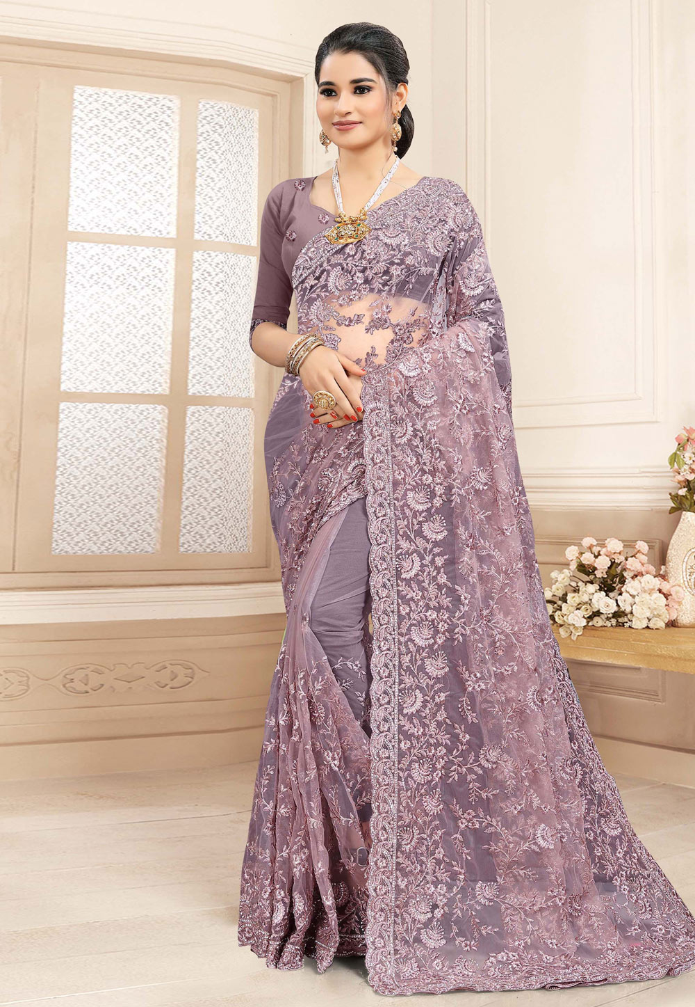 Light Purple Net Saree With Blouse 223238