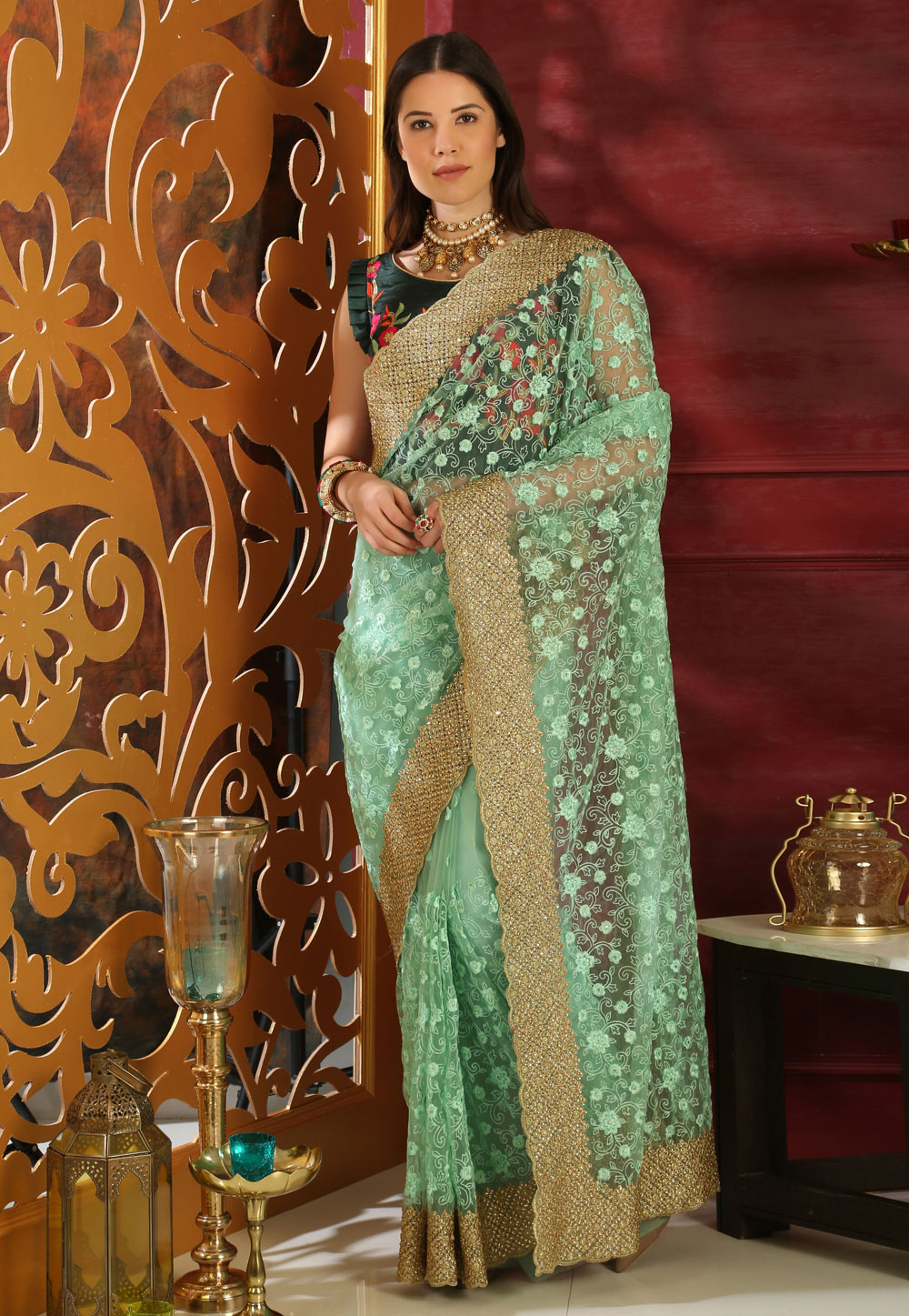 Light Green Silk Party Wear Saree 168722