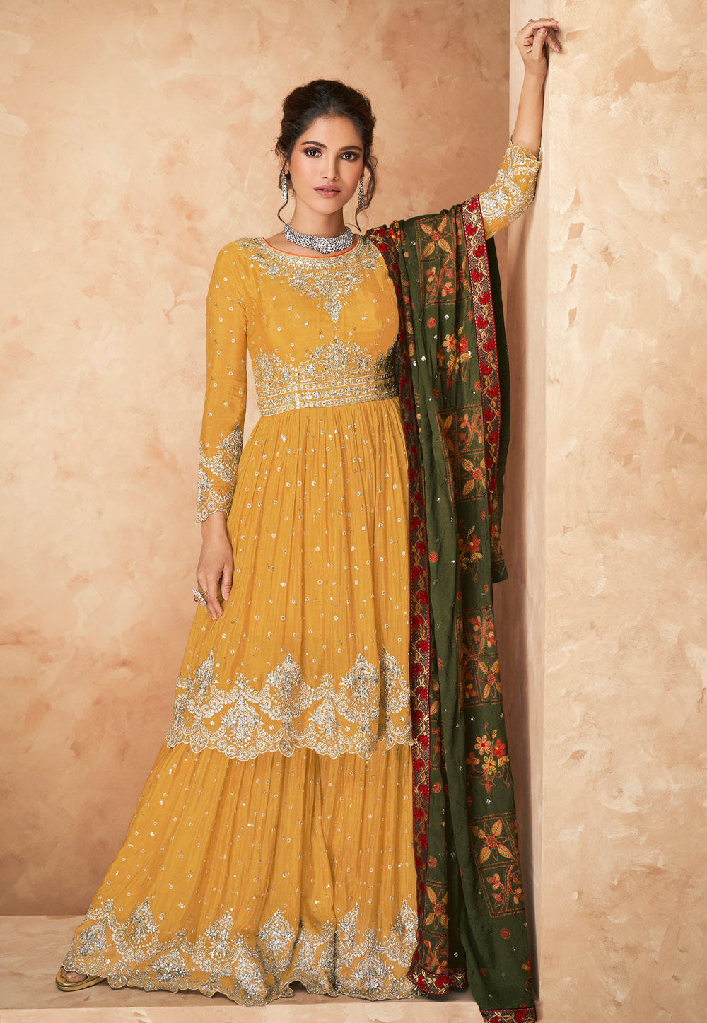 Yellow Faux Georgette Embroidered Sharara Suit 236290
