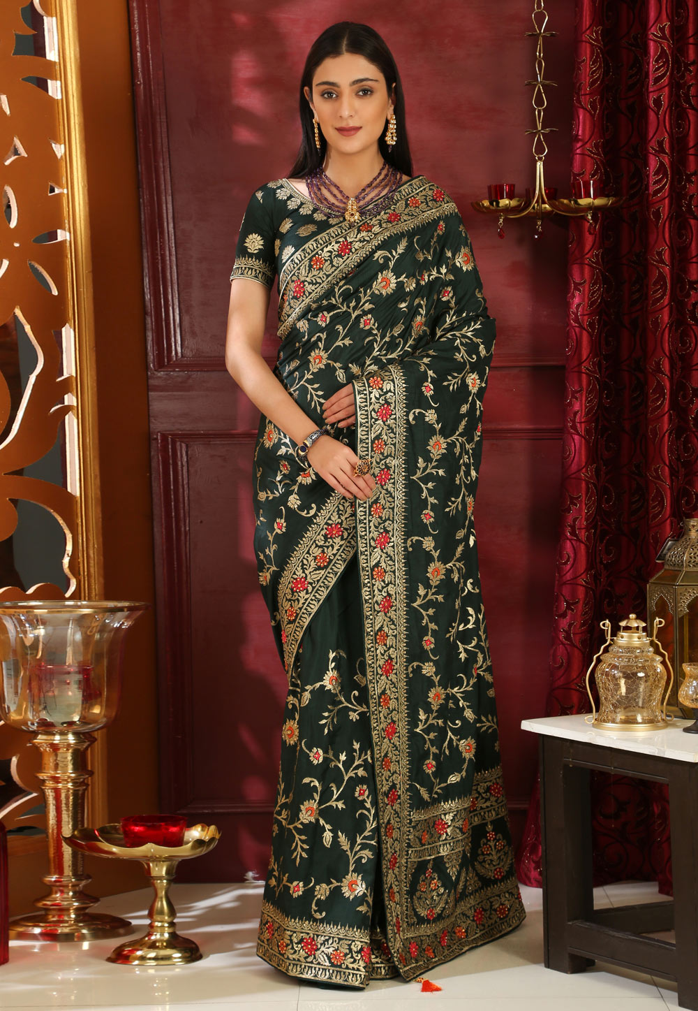 Mehndi Silk Saree With Blouse 168723