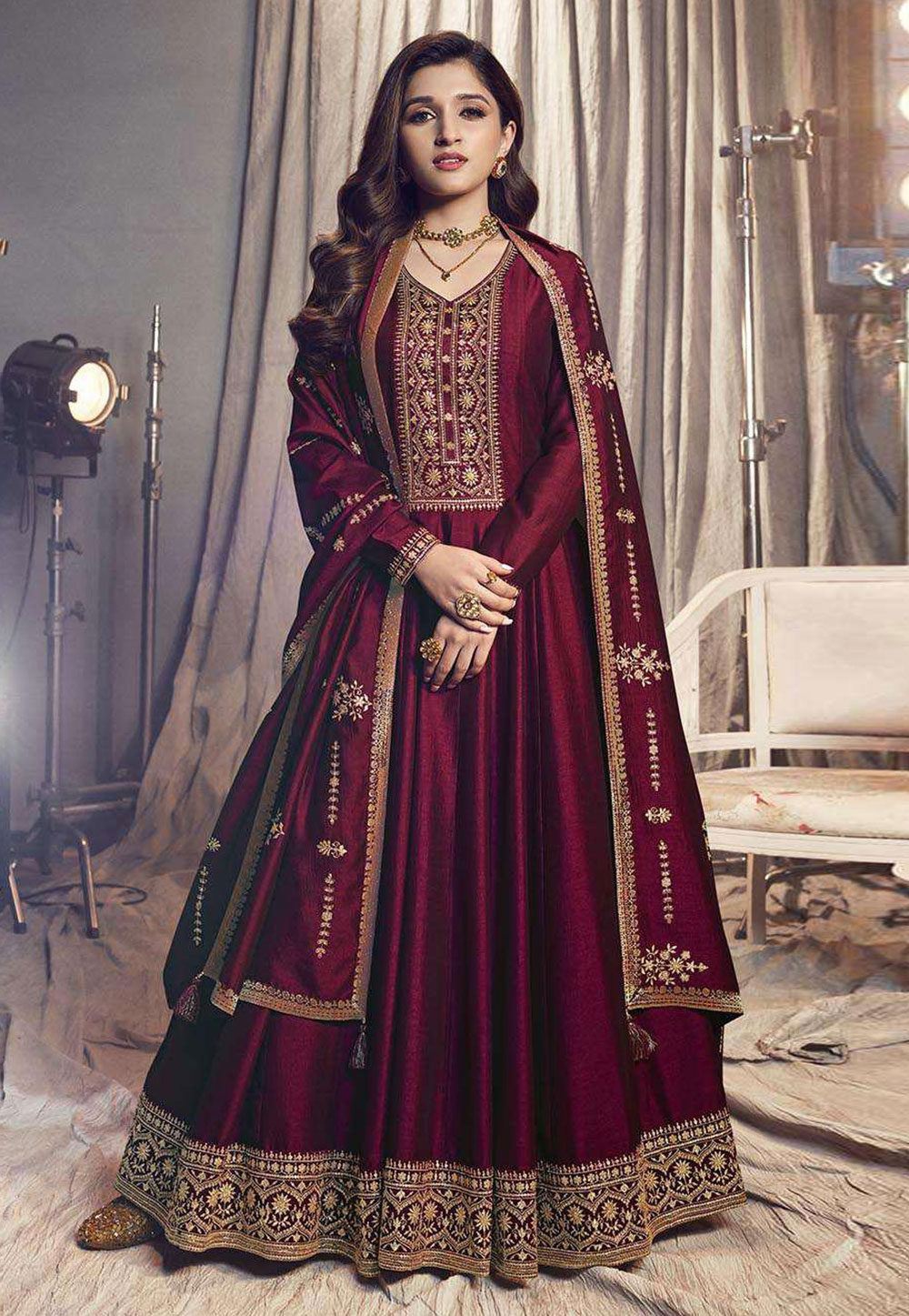 Maroon Silk Abaya Style Anarkali Suit 265556