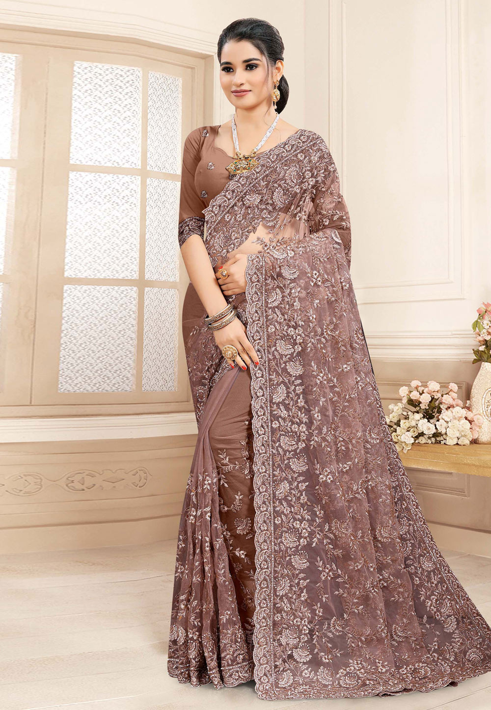 Brown Net Saree With Blouse 223240