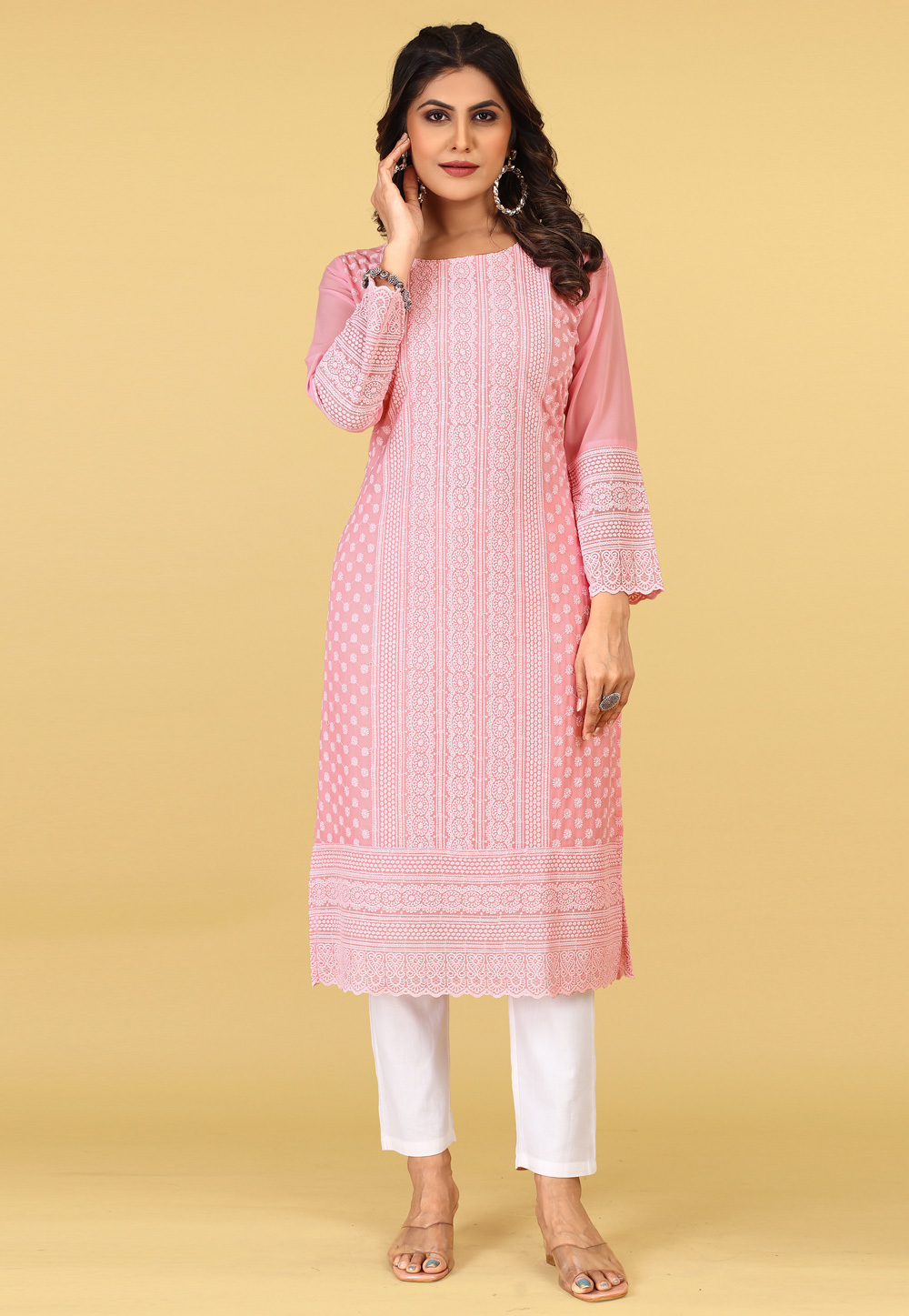 Light Pink Georgette Chiffon Long Tunic 267349