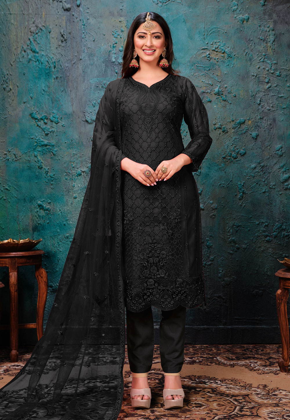 Black Net Embroidered Kameez With Pant 216887