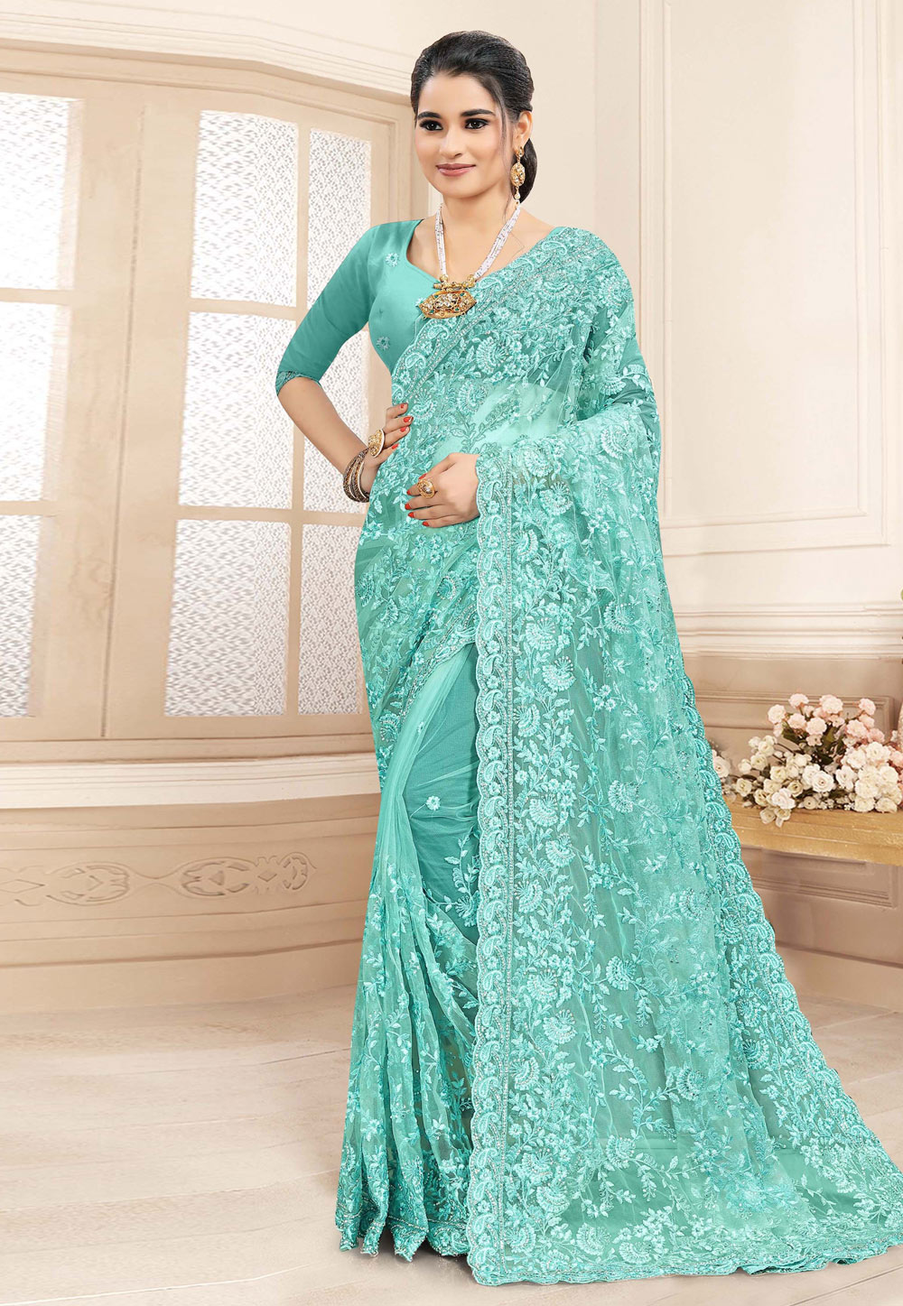 Turquoise Net Festival Wear Saree 223241