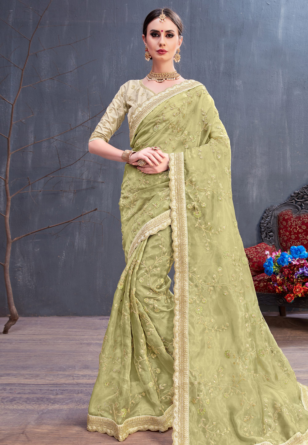 Light Green Organza Embroidered Saree With Blouse 166582
