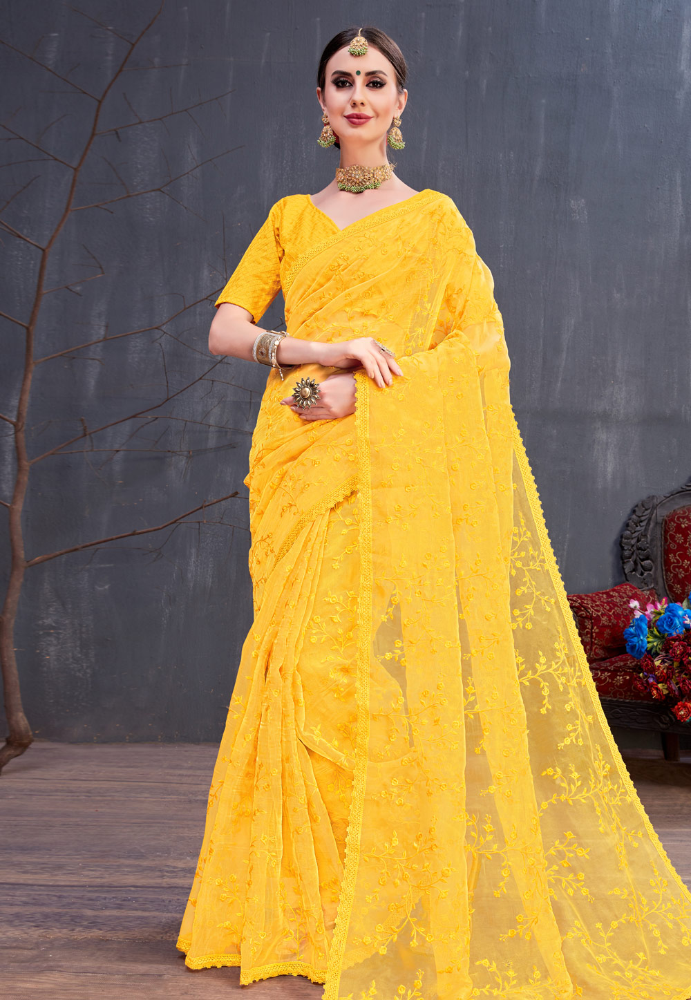 Yellow Organza Embroidered Festival Wear Saree 166583