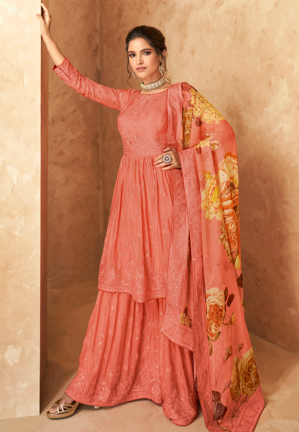 Peach Faux Georgette Embroidered Sharara Suit 236291