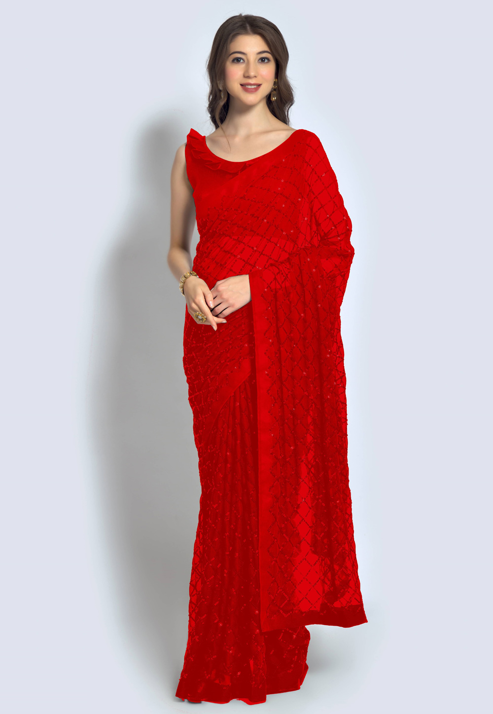 Red Georgette Sequence Saree 251507