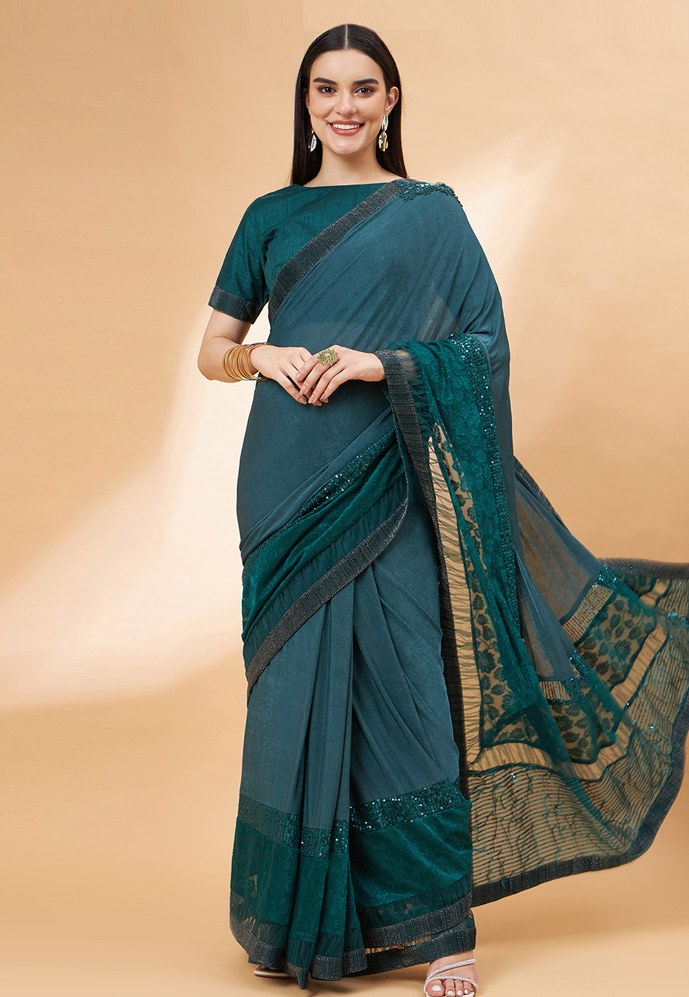 Teal Lycra Saree With Blouse 276432
