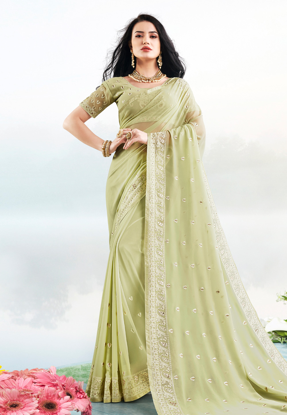 Light Green Bemberg Georgette Saree With Blouse 212307
